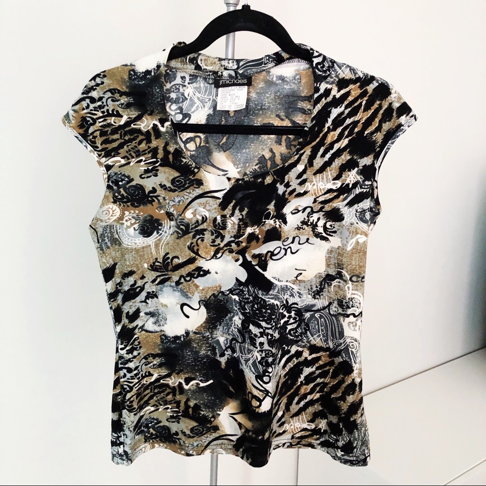 Black Brown Pattern Print Short Sleeved Blouse Top